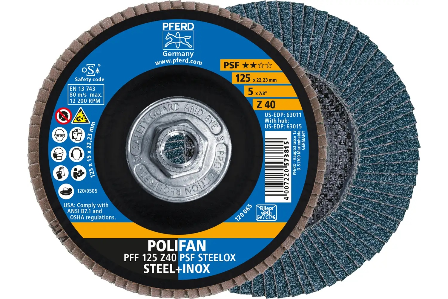 Picture of Pferd Flap Disc, 5" x 5/8-11, Z PSF Steelox, 40 Grit, T27, Flat, Zirconia